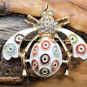 Colorful Enamel Bee Brooch Gold Tone w/ Enamel Evil Eye Markings & Crystals